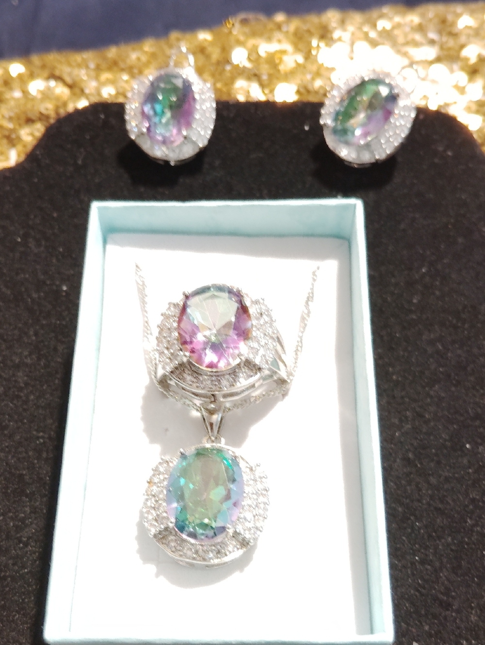 Multi-Color Mystique Oval Pendant & Stud Earrings Set - Silver Tone